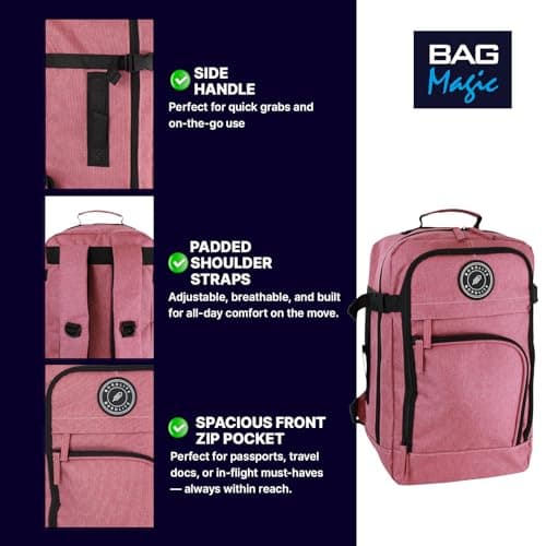 Bordlite Ryanair 40x20x25cm Underseat Cabin Backpack with Memory Foam Neck Pillow – Airline Approved Carry On Travel Bag for Ryanair, EasyJet & Jet2 – Lightweight Cabin Rucksack - Pink — view 3