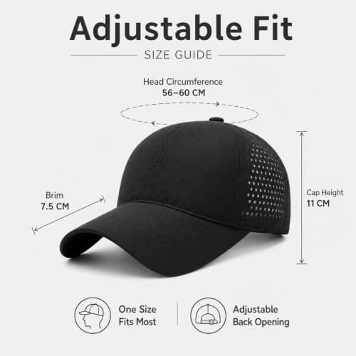 WHJYCC Black 56-60 cm Waterproof Baseball Cap - Adjustable Unisex Quick-Dry Breathable Mesh Hat with Ponytail Opening, Lightweight Foldable Sun Rain Protection for Hiking, Fishing and Travel (Black) — view 2