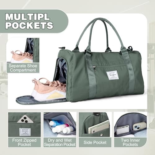 WEPLAN Gym Bag Womens Men Sports Fitness Bags Weekend Overnight Bag Travel Duffle Bags for Women with Shoes Compartment Wet Pocket,Holdall Hospital for Swimming Carry on Hand Luggag,A5-Army Green — view 4