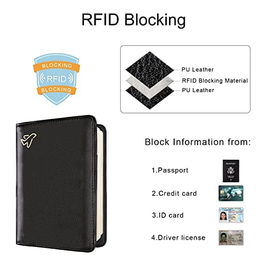 WALNEW Passport Holder, PU Leather Travel Passport Cover Wallet, RFID Passport Case with Card Holder, Travel Essentials for Women Men (Black) — view 3