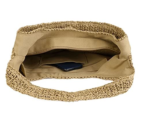 CHIC DIARY Womens Hand-woven Straw Shoulder Bag Large Summer Beach Leather Handles Handbag Tote with Zipper (02-Khaki) — view 4