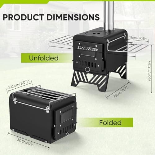 Foldable Hot Tent Stove with 5 Chimney Pipes, Viewing Window, Gloves & Poker - Portable Carbon Steel Wood Burning Camping Stove for Outdoor Cooking and Heating (20x30cm Folded) — view 3