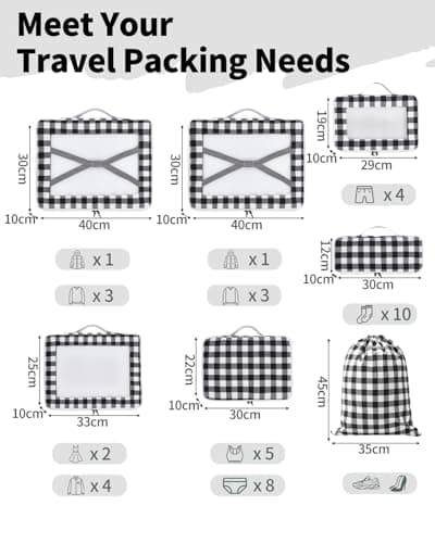 ECOHUB Packing Cubes for Suitcase 7 PCS, Suitcase Organiser Bags with Shoes Bag, Recycled Travel Organiser Packing Bags for Backpack, Rip-stop Mesh Luggage Packing Organizers, Checkered — view 2