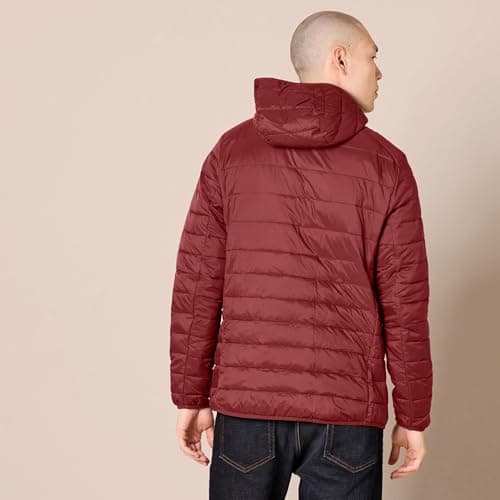 Amazon Essentials Men's Lightweight Water-Resistant Packable Hooded Puffer Jacket, Dark Red, L — view 3