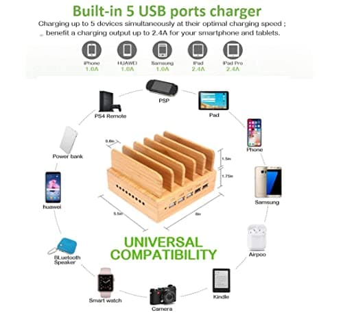 Yisen Wood 5-Port Charging Station stand Organizer for Cell Phones and Tablets (built-in charger and 5 cables) — view 2