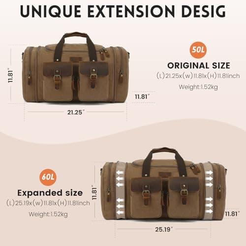 Imyth 60L Large Capacity Leather Duffle Bag - Classic Vintage Expandable Canvas Weekend and Overnight Travel Bag, Airplane Carry-On Luggage（Coffee） — view 3
