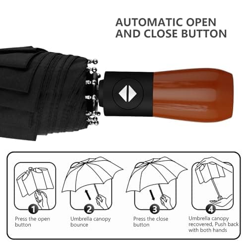 MIKAFEN Umbrella Windproof With Wood Handle - Travel and Automatic, Umbrella Compact for Men and Woman - with 10 Ribs Fiberglass and Compact Rain Protect（Black） — view 5
