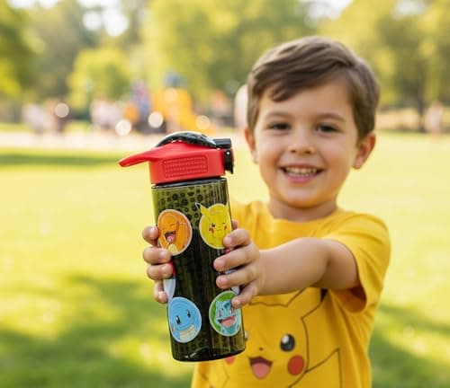 HOX Collection Pokémon 600ML Flip Up Straw Drinks Bottle Reusable BPA-free Plastic Water Bottle with Carry Loop Removable straw & spills Proof Pokémon licensed Merchandise, Black — view 5