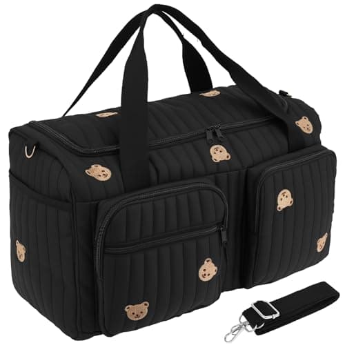 Large Baby Changing Bag, Quilted Cotton Hospital Maternity Bag with Cute Embroidery, Multi-Pocket Diaper Tote Bag with Shoulder Strap, Nappy Organizer Bag for Hospital Birth, Pram, Travel(black)