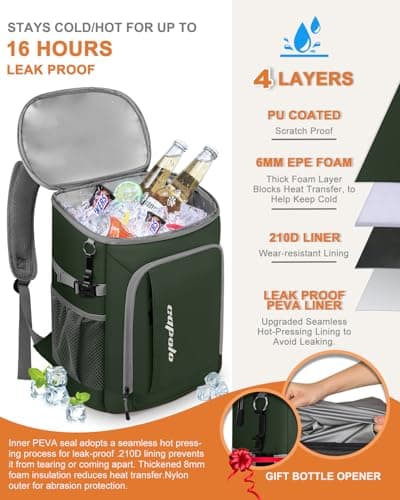 Capolo Portable Travel Cooler Backpack for Camping Picnic (Green Leather, 36 Cans) — view 5