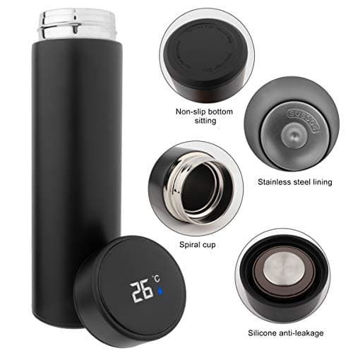 QiCheng&LYS 500ML Travel Mug with Temperature Display 304 Stainless Steel, Double Walled Vacuum Insulation Cup for Heat and Cold Water (Black) — view 4