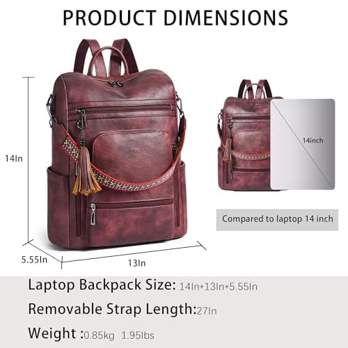 Shrrie Vegan Leather Laptop Backpack for Women 15.6 inch Work Backpack Fashion Travel Backpack Purse for Business College-Two-tone Maroon — view 3