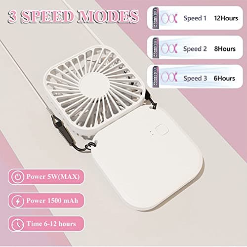 Adofous Mini Desk Fan, Folding Neck Fan With Lanyard, USB Rechargeable Battery Operated Foldable Fan, Personal 3 Speed Adjustable Personal Fans Idear for Home Office School Outdoor Travel (White) — view 5