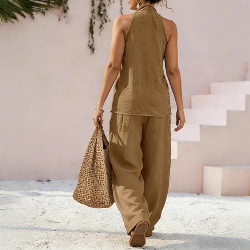 2 Piece Co Ord Sets for Women 2026 Summer Cotton Linen Lounge Wear Sets V Neck Sleeveless Tunic Tops & Wide Leg Trousers Loose Baggy Lightweight Womens Co Ord Set Holiday Travel Airport Outfits Gold — view 4