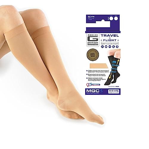 Neo-G Travel Flight Socks for Women and Men - Graduated Compression - For Flying, Mild Varicose Veins, Long Haul Flights, Improving Circulation, Aching Legs - Class 1 Medical Device - Beige - XL