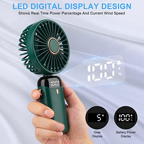 LYMYBETY Portable Handheld Fan, 4000mAh Mini USB Rechargeable Fan with Digital Display, Small Personal Pocket Fans with 5 Speeds, Hand Held Fans with Lanyard and Base for Home Travel (Green) — view 5