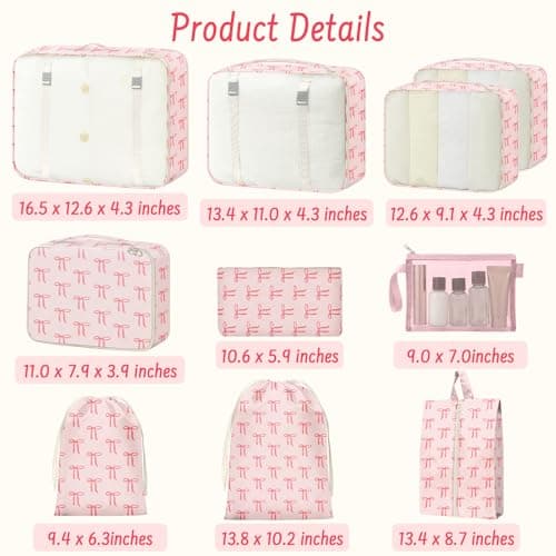 10PCS Packing Cubes for Suitcases, Travel Organiser Packing Bags for Clothes Shoes Toiletries Travel Luggage Organizers Storage Bags (Pink bow) — view 2