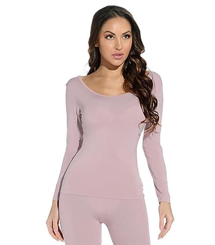 Mcilia Women's Ultrathin Modal Round Neck Long Sleeve Thermal Top/Shirt Skin Pink Small (UK Size 6 8 10)