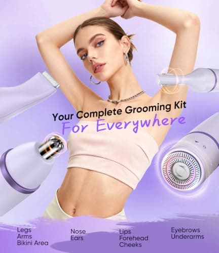 Facial Hair Remover for Women,4-in-1 Bikini Trimmer Women,USB C Mini Lady Shavers with 4-Level Battery Indicator (25%, 50%, 75%, 100%) Eyebrow Razor,Nose Trimmer,for Face Nose/Ear Body,Purple — view 3