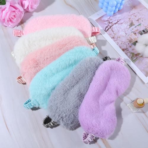 6 Pcs Plush Eye Mask for Sleeping Soft Fluffy Furry Satin Eye Mask Comfortable Eyemask Sleep Faux Fur Eye Cover Satin Nap Night Eyeshade Cover for Women Men Gift (6 Colors) — view 4