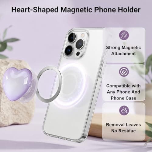 Magnetic Phone Grip, Purple Heart Pop Socket with Metal Ring Detachable Expandable Kickstand Ring Holder for Magsafe Adjustable Hand Holder Compatible with iPhone Smartphones E-readers — view 4