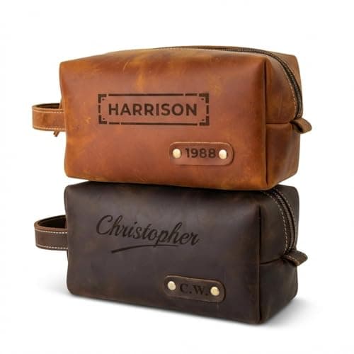 Mens Toiletry Bags Personalised Gifts for Men Genuine Leather Mens Wash Bag Dopp Kit with Custom Engraved Name or Initial – Travel Shaving Bag Gift for Xmas Birthday Anniversary (Brown)
