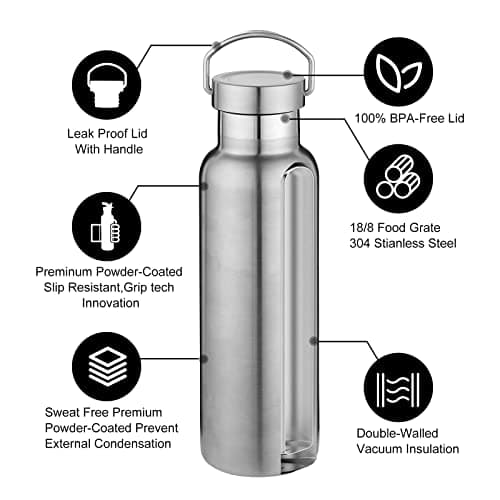 Volhoply Silver Stainless Steel Water Bottles,600 ML Vacuum Insulated Double Wall Travel Bottle with Leak Proof Lid of Handle,Metal Reusable Standard Mouth Flask for School,Hikers,Gift — view 5