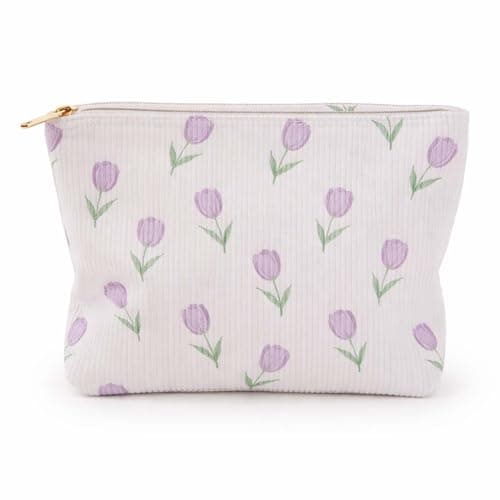 Soft Corduroy Tulip Cosmetic Bag with Zipper - Compact Travel Toiletry Pouch for Women, Floral Lavender Green Print Organiser Storage Pouch for Makeup Essentials & Skincare