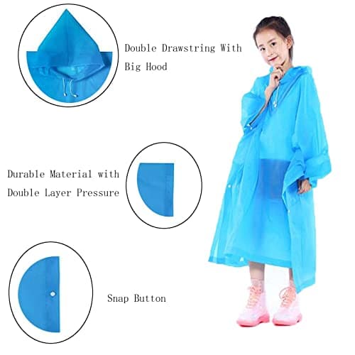 Rain Poncho For Kids, Waterproof Raincoat For Boys Girls, Resuable EVA Poncho, Drawstring Children Rainwear Rain Cape with Button and Hood, Toddler Rain Jacket For School Outdoor Hiking Travel(Pink) — view 4