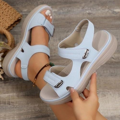 Wide Fit Sandals for Women Orthopedic Sandals Summer Open Toe Ankle Strap Sandals&Slides with Arch Support Low Wedg Lightweight Walking Shoes(Light Blue,6) — view 2