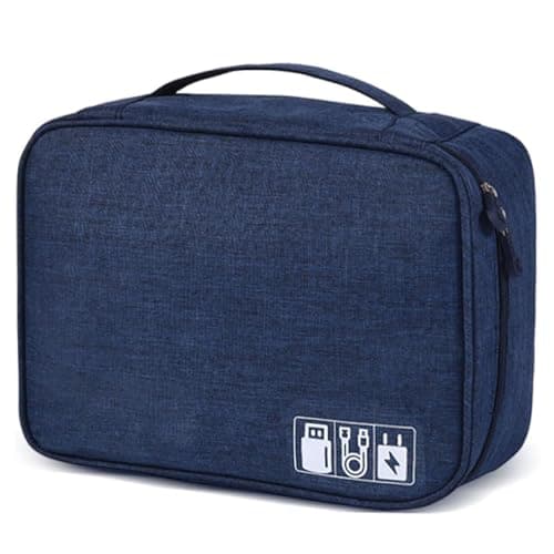 Travel Cable Organiser Bag, Electronics Tech Organizer Pouch Waterproof Padded Storage Case for Cables, Chargers, Hard Drives, Power Banks, Multi-Layer Carry Case for Travel and Office (Navy Blue)