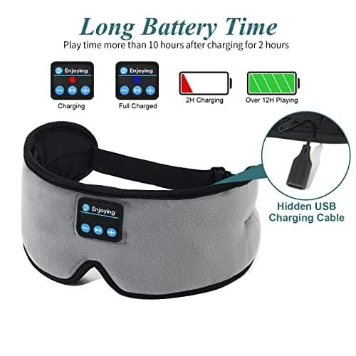 Bluetooth Sleeping Eye Mask Headphones,SKYEOL 5.2 Wireless Bluetooth Headphones Adjustable&Washable Music Travel Sleeping Headset with Built-in Speakers Microphone Hands-Free for Sleeping (Grey3d) — view 2