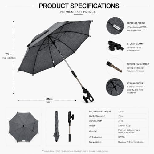 Premium Baby Parasol, SPF 50 UV Protection, 70x70cm, with Quick-Release Clamp, Compatible with All Pushchairs, Prams, Strollers and Travel Systems - Midnight Black | For Your Little One — view 2