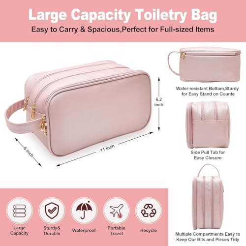 ABCHCHS Travel Toiletry Bag for Women- PU Leather Makeup Cosmetic Bag - Waterproof Organizer for Toiletries Accessories - Dopp Kit Case - Multifunction Packing Organizer Pouch (Pink) — view 2