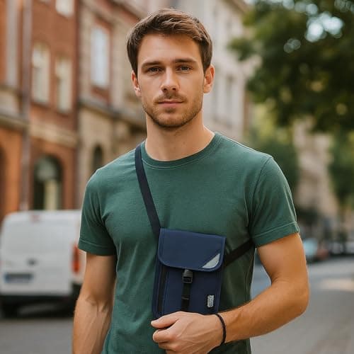 AYNKH Chest Pouch Waist Bag RFID Protection,Anti-magnetic ID Badge Holder,Waterproof,Security Bag with Adjustable Neck Strap for Cash,Cards,Passports,Business,Travel,School (3 Compartments Navy Blue) — view 3