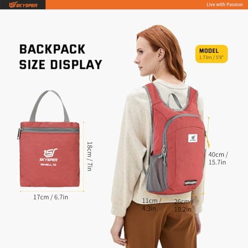 SKYSPER Small Daypack 10L Hiking Backpack Packable Lightweight Travel Compact Foldable Rucksack for Women Men(Red) — view 6