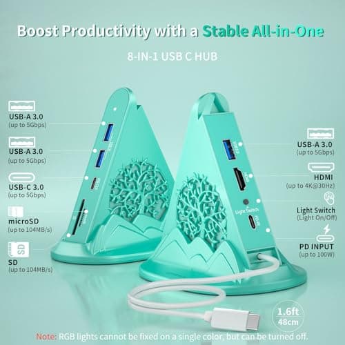 JoyReken USB C Hub, 8-IN-1 USB C Multiport Adapter with 4K@30Hz HDMI, 100W Power Charging, 5Gbps Type C, 3 USB-A 3.0, SD/TF Slots& RGB Lighting, Green Type C Hub for Macbook, iPhone17, iPad, XPS(Tree) — view 2