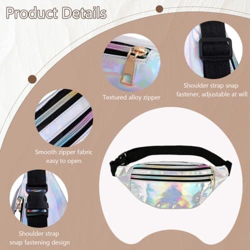 HUNUH Fashion Metallic Bum Bag, Waterproof Waist Bag with Adjustable Strap and Smooth Zip, Three Compartments Stylish Fanny Pack for Sports, Outdoor Travel, Party and Festival Unisex (Silvery) — view 3