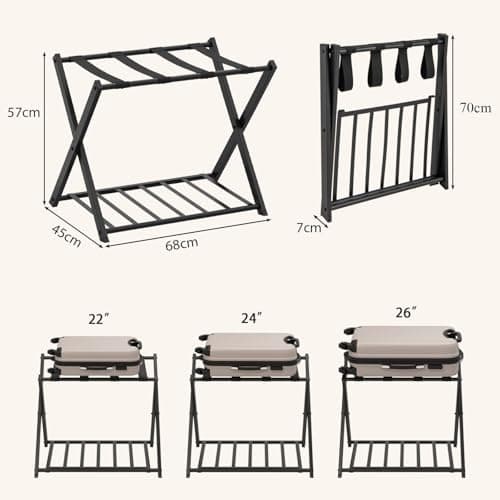 COSTWAY 1 x Luggage Rack, Metal Folding Suitcase Stand with Shoe Shelf, 2-Tier Portable Backpack Luggage Holder Storage Organizer Unit for Bedroom, Guest Room and Hotel, 68 x 45 x 57cm (Black) — view 5