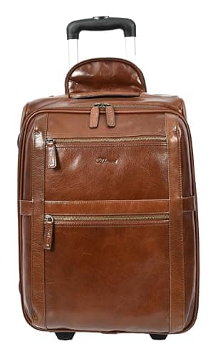 Genuine Leather Suitcase On Wheels Cabin Size Trolley Travel Bags Bourse (Chestnut)