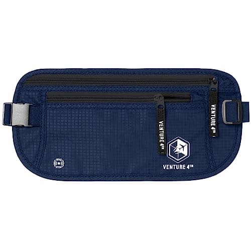 Venture 4TH Travel Money Belt - Slim Passport Holder RFID Blocking Travel Pouch to Protect Cash, Credit Cards and Travel Documents, Navy Blue, One Size, RFID Wallet