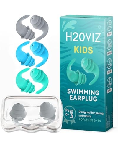 H20VIZ Swim Ear Plugs | Waterproof, Reusable Silicone Earplugs for Swimming, Surfing, Snorkeling & All Water Sports (Kids 3 Pairs, Grey, Blue, Turquoise)