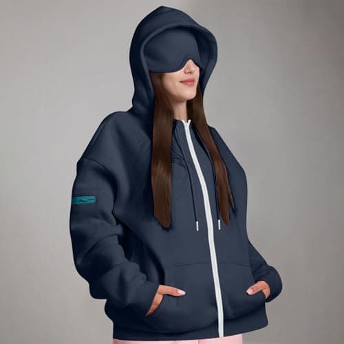 Ewleguzka Travel Hoodie with Eye Mask Women Full Zip Oversized Jacket Fleece Lined 3 Pockets Sweatshirt Jumpers Navy — view 3