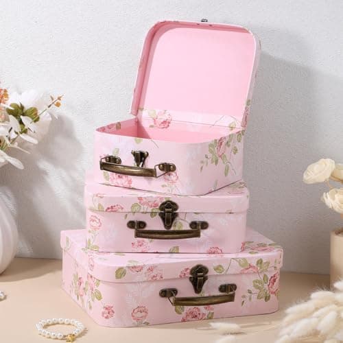 GALPADA Baby Suitcase Box 3Pcs Paperboard Floral Storage Boxes with Handles Stackable Decorative Flower Pattern Boxes for Wedding Birthday Baby Shower — view 2
