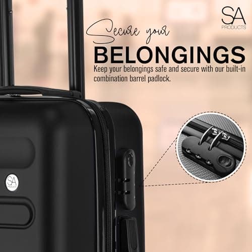 SA Products Cabin Suitcase | 34L Carry On Suitcase, Cabin Bag 55x40x20 with Combination Lock | Hard Shell Suitcase with 4 Wheels Cabin Luggage, Cabin Bags 55 x 40 x 20 Approved (Black) — view 3