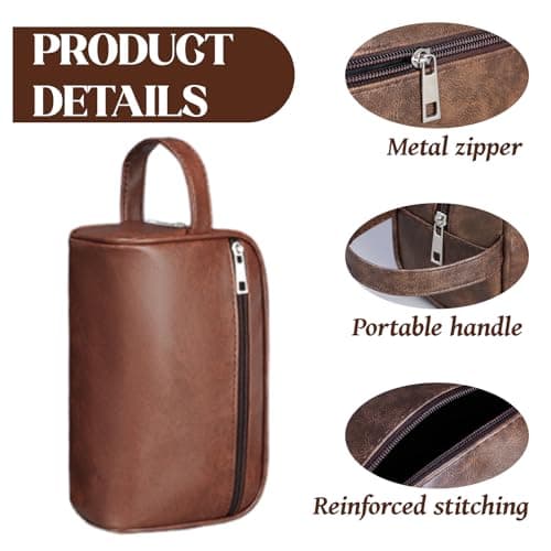 Leather Toiletry Bag for Men, Waterproof High-Capacity Travel Wash Bag, Multi-Functional Mens Toiletry Bags with Organizer, Brown Gifts for Men — view 3