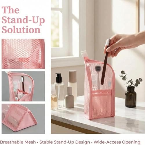 Standing Toiletry Bag,Stand-Up Makeup Brush,Portable Lightweight Travel Toothbrush Storage,Waterproof Pouch Stand Up Organizers with Toothbrush Holder,for Pen Hotel Vacation Holiday Road Trip (White) — view 3