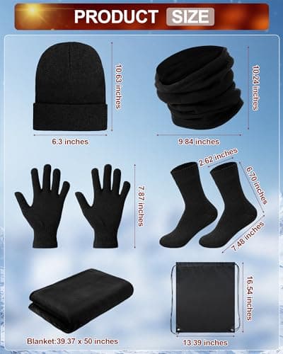 Suhine 72 Pcs Homeless Care Package Bulk Unisex Winter Gloves Beanie Hats Scarves Socks Coral Fleece Blankets Drawstring Bags, Black, Medium — view 4
