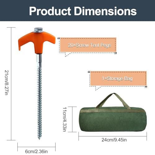 20 Pcs 8inch Heavy Duty Tent Pegs, Hard Ground Pegs, Camping Pegs, Metal metal tent pegs with Storage Case and Bolt Head Adaptor for Camping (Yellow) — view 2