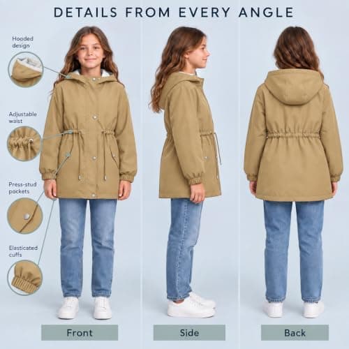 Khaki Girls Waterproof Jacket Windproof Hooded Raincoat Outdoor 11 Years — view 4